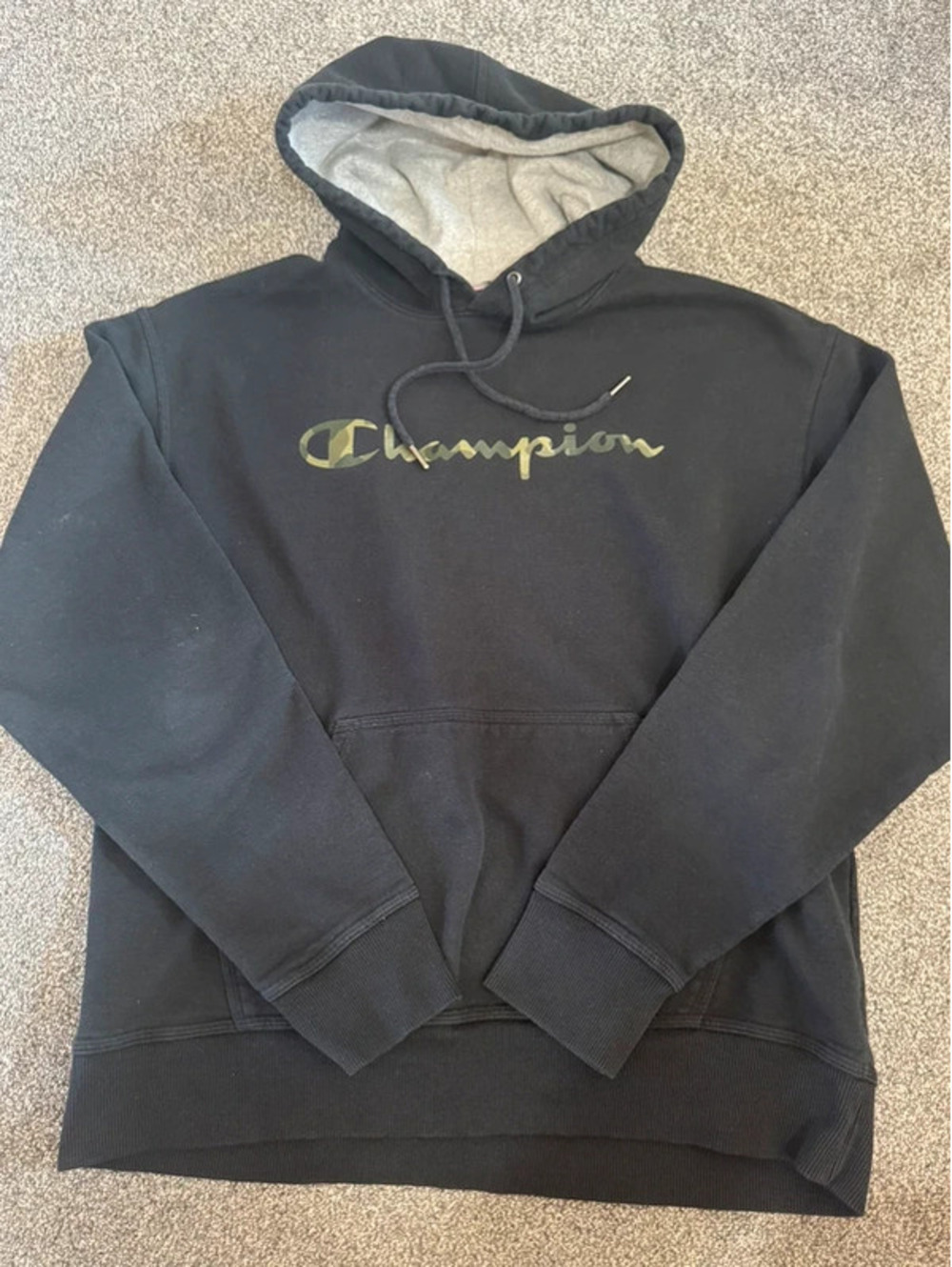 Men’s Champion black hoodie sweatshirt camo logo Size large